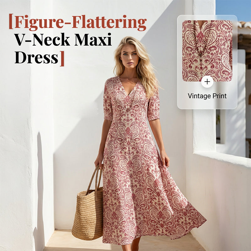 Women's V-Neck Printed Half-Sleeve Maxi Dress