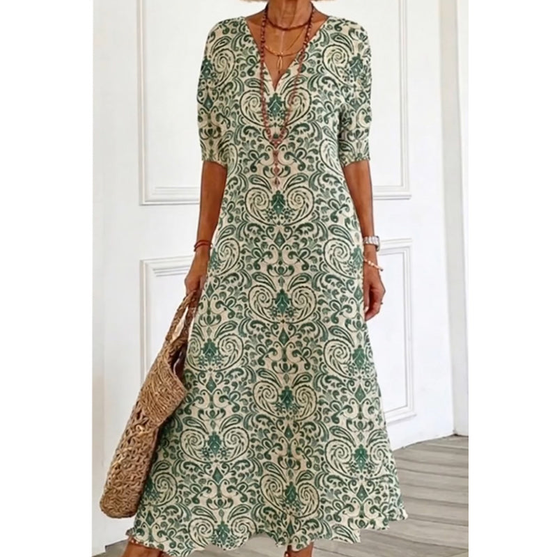 Women's V-Neck Printed Half-Sleeve Maxi Dress