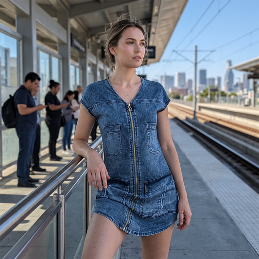 Women's Casual Short Sleeve Zipper Dress