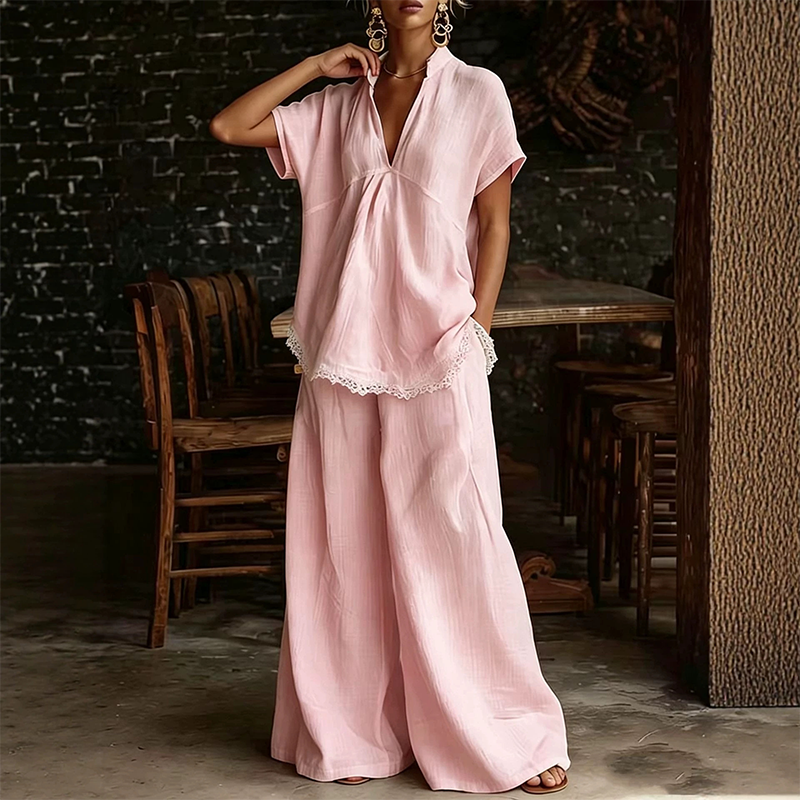 Women's V-Neck Top and Wide-Leg Pants Lounge Set
