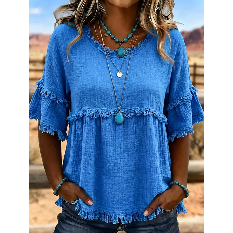 Women's Casual Fringe-Trim Ruffle Sleeve Top