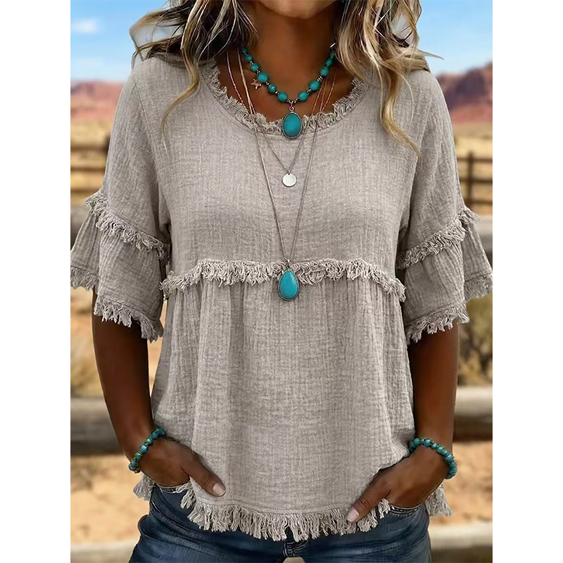 Women's Casual Fringe-Trim Ruffle Sleeve Top