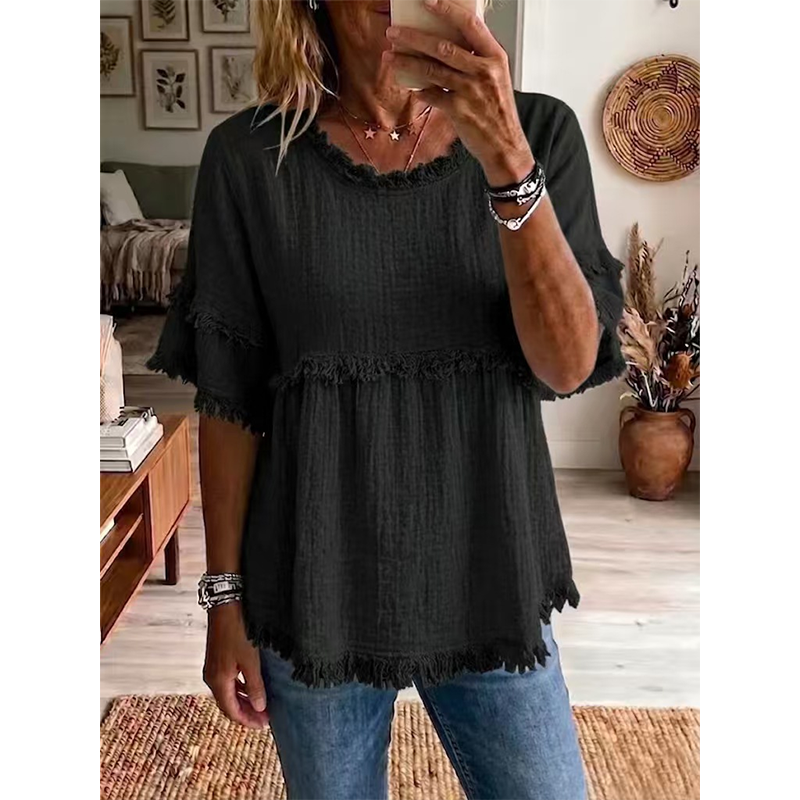 Women's Casual Fringe-Trim Ruffle Sleeve Top