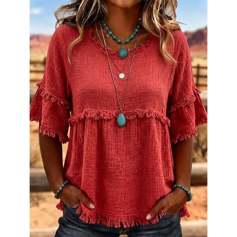 Women's Casual Fringe-Trim Ruffle Sleeve Top