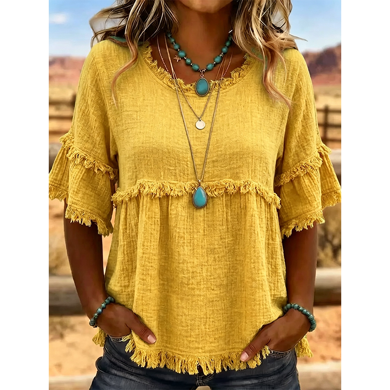 Women's Casual Fringe-Trim Ruffle Sleeve Top