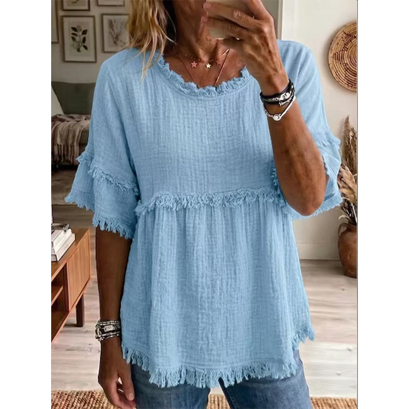 Women's Casual Fringe-Trim Ruffle Sleeve Top
