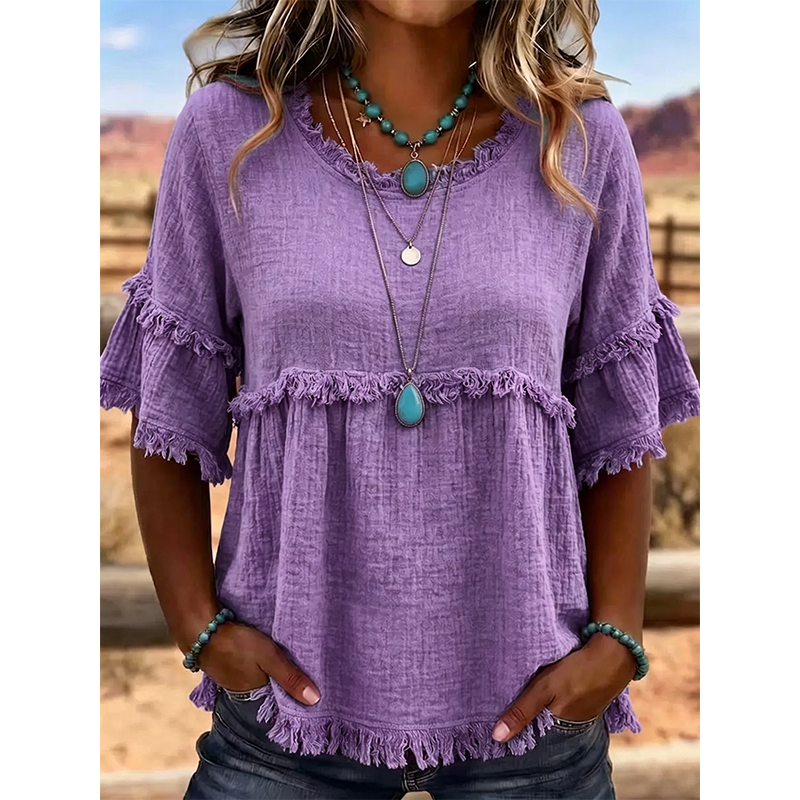 Women's Casual Fringe-Trim Ruffle Sleeve Top