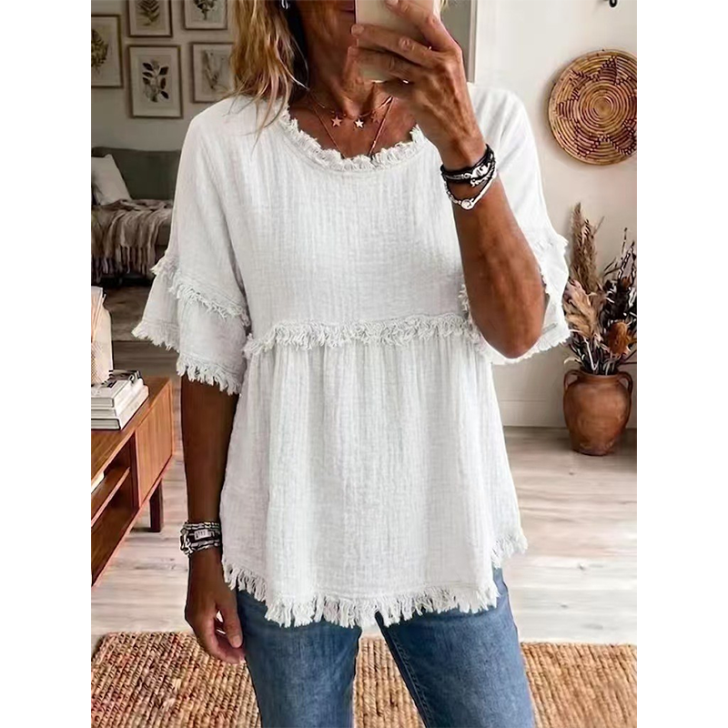 Women's Casual Fringe-Trim Ruffle Sleeve Top