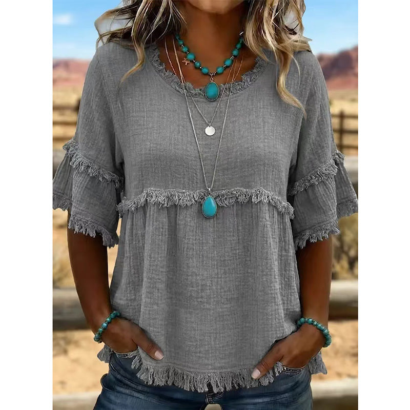 Women's Casual Fringe-Trim Ruffle Sleeve Top