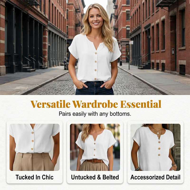 Women's V-Neck Button Casual T-Shirt