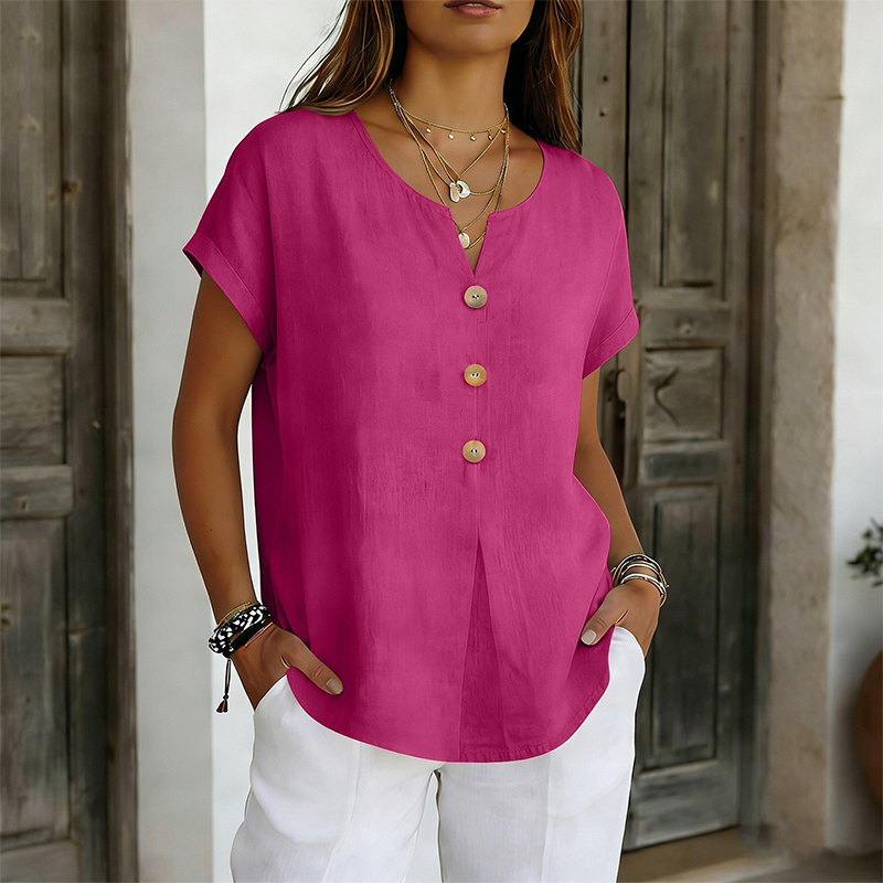 Women's V-Neck Button Casual T-Shirt