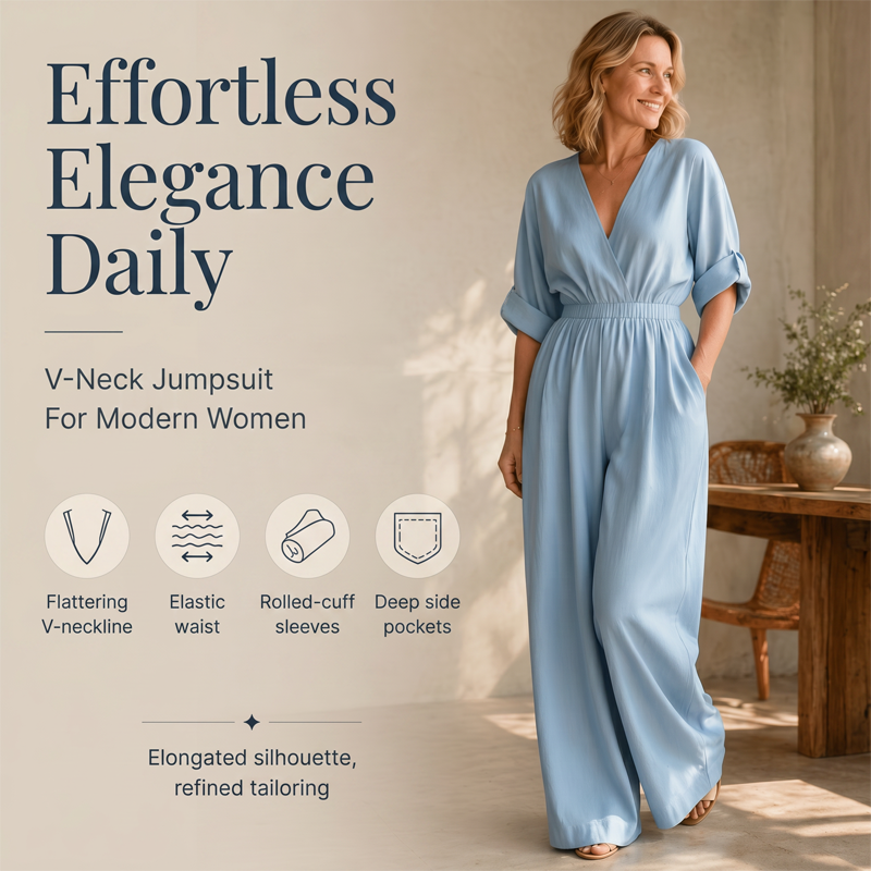 Women's Elegant V-Neck Wide-Leg Jumpsuit
