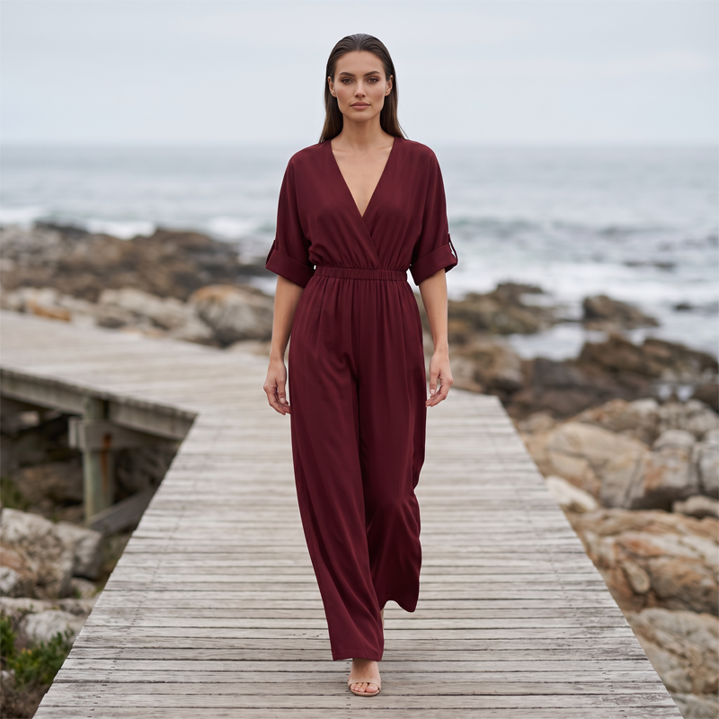 Women's Elegant V-Neck Wide-Leg Jumpsuit