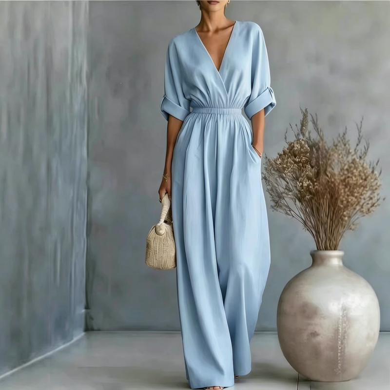 Women's Elegant V-Neck Wide-Leg Jumpsuit
