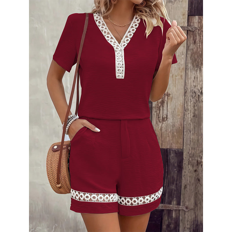 Women's V Neck Short Sleeve Top and Shorts Set