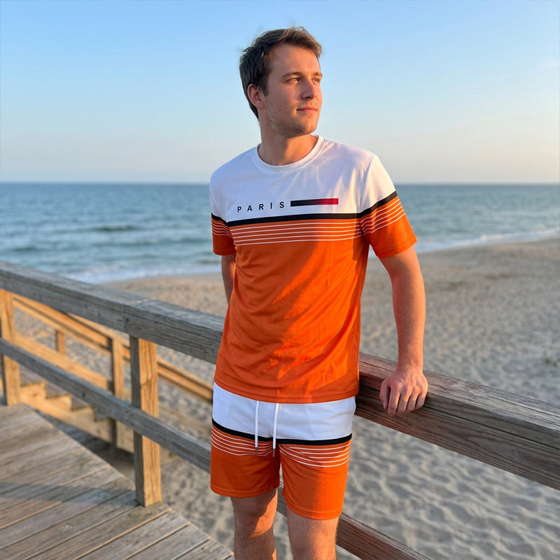 Men's Letter Print Short-Sleeve Shorts Set