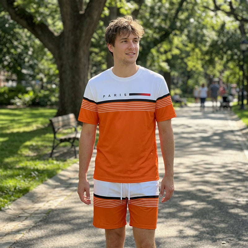 Men's Letter Print Short-Sleeve Shorts Set
