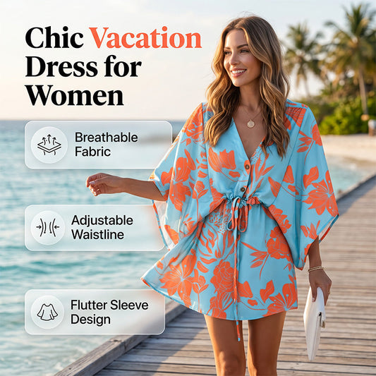 Women Summer V-Neck Flutter Sleeve Vacation Dress with Drawstring