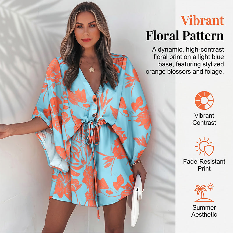 Women Summer V-Neck Flutter Sleeve Vacation Dress with Drawstring