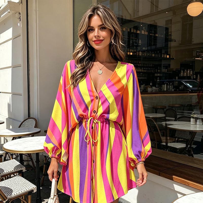 Women Summer V-Neck Flutter Sleeve Vacation Dress with Drawstring