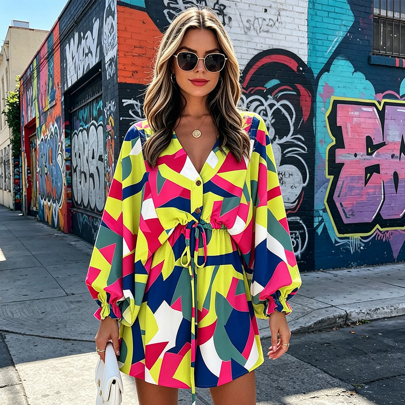 Women Summer V-Neck Flutter Sleeve Vacation Dress with Drawstring