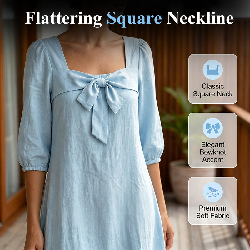 Casual Solid Color Midi Dress with Elegant Bowknot and Square Neck