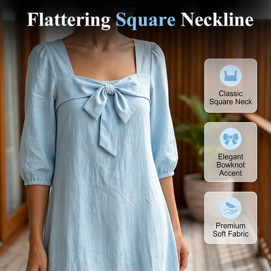 Casual Solid Color Midi Dress with Elegant Bowknot and Square Neck