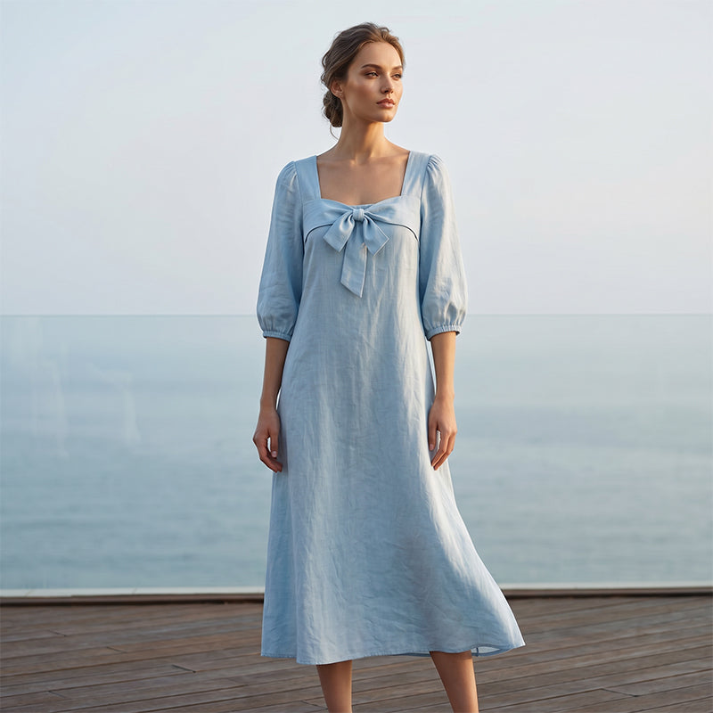 Casual Solid Color Midi Dress with Elegant Bowknot and Square Neck