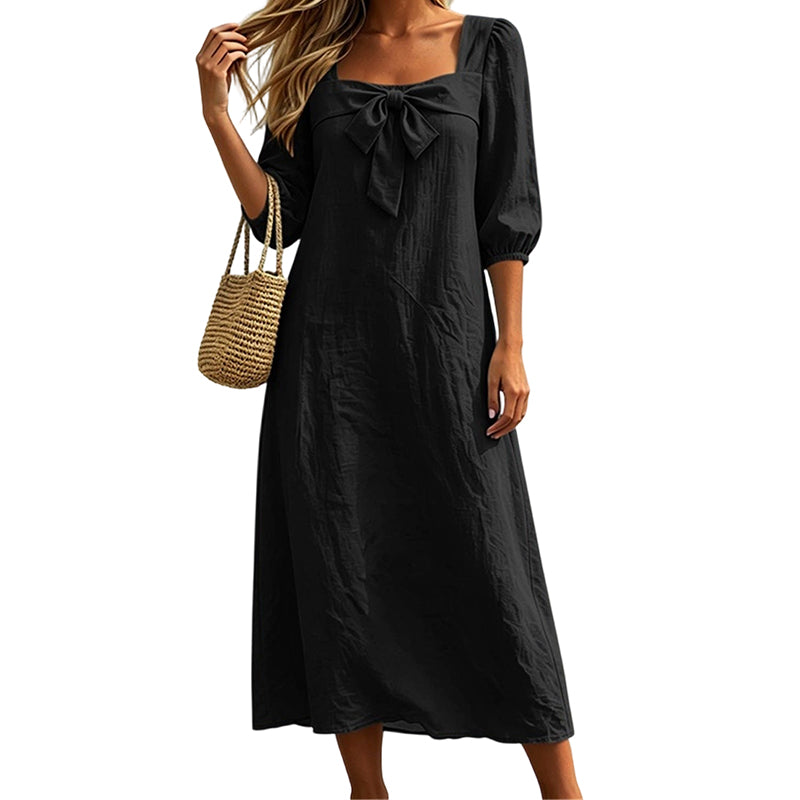 Casual Solid Color Midi Dress with Elegant Bowknot and Square Neck