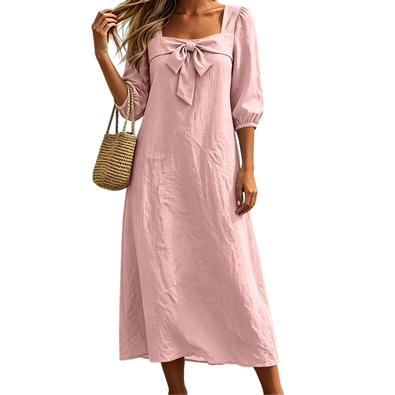 Casual Solid Color Midi Dress with Elegant Bowknot and Square Neck