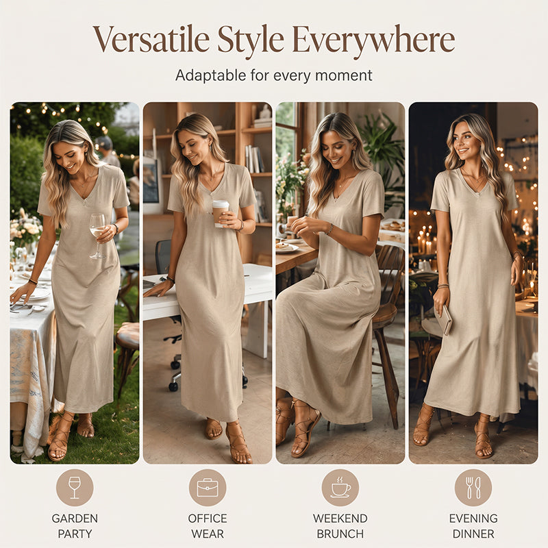 Women's Short Sleeve V-Neck Maxi Dress