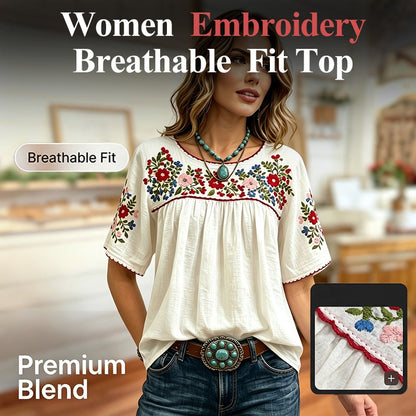 Women Casual Loose Embroidery Breathable  Fit Top