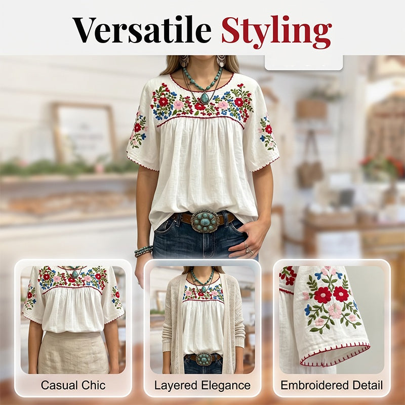 Women Casual Loose Embroidery Breathable  Fit Top