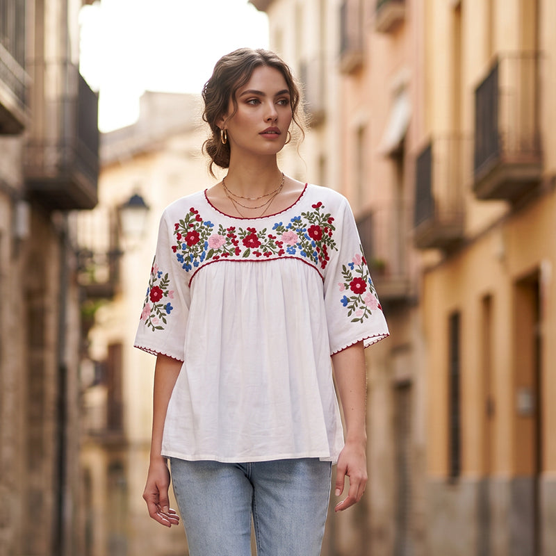 Women Casual Loose Embroidery Breathable  Fit Top