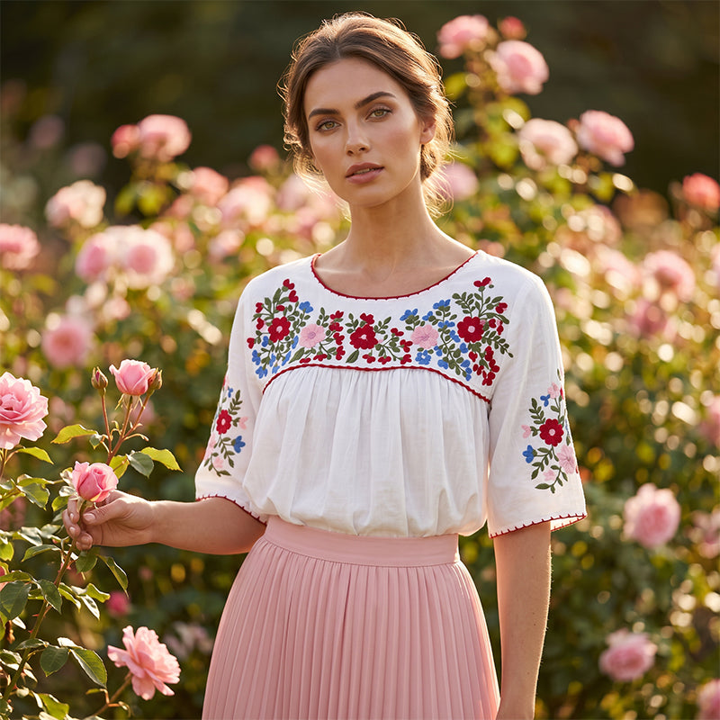Women Casual Loose Embroidery Breathable  Fit Top