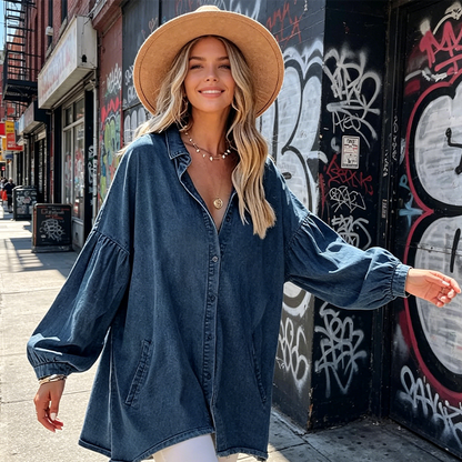 Women's Casual Lantern Sleeve Denim Top