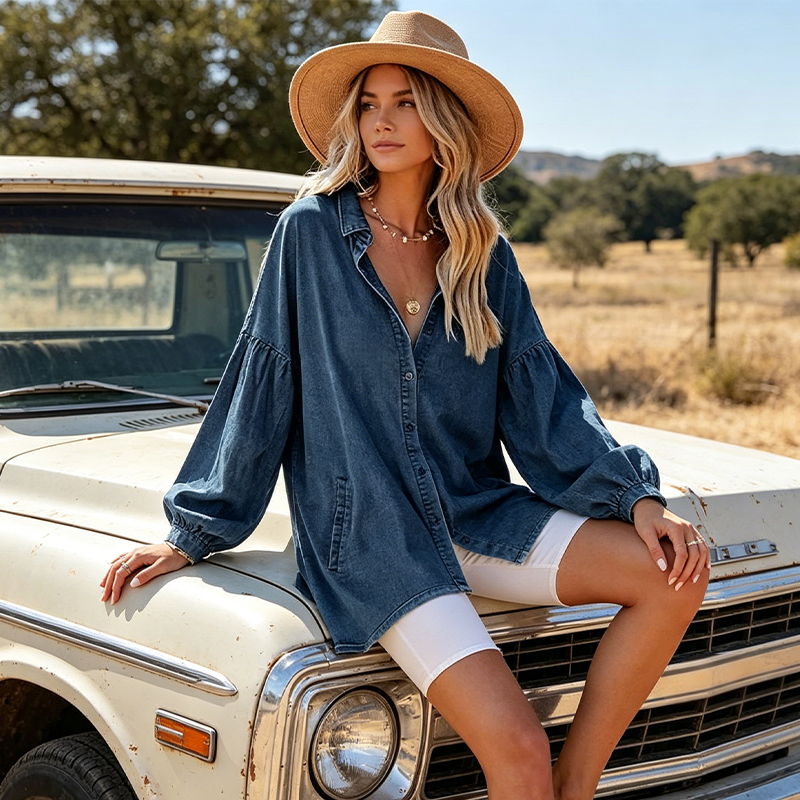 Women's Casual Lantern Sleeve Denim Top