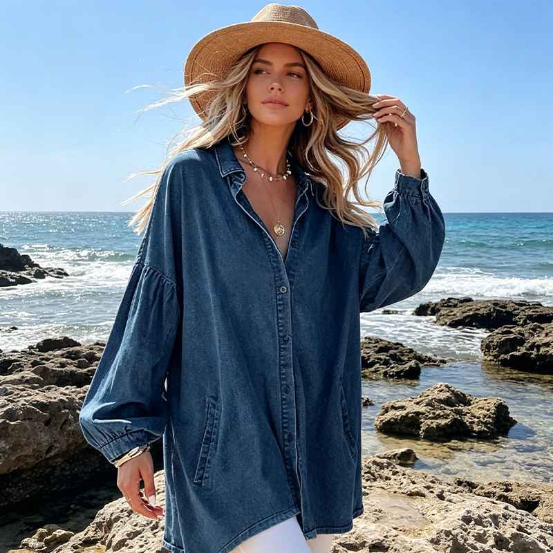 Women's Casual Lantern Sleeve Denim Top