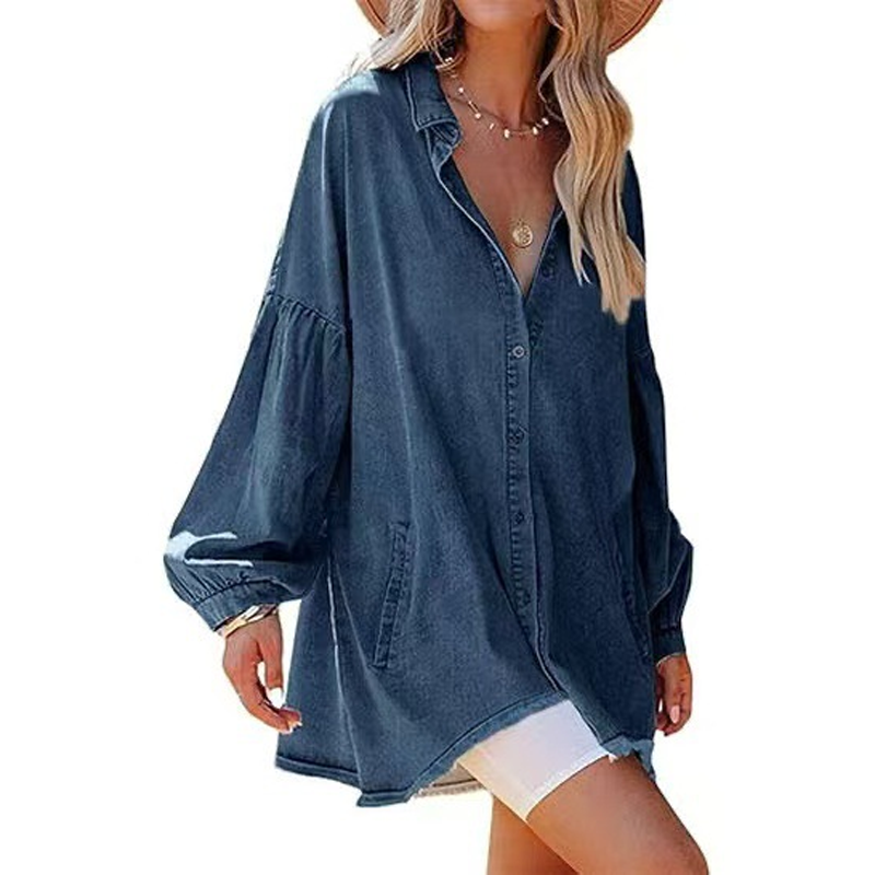 Women's Casual Lantern Sleeve Denim Top