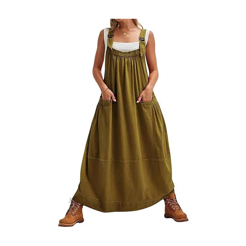 Women's Casual Overall Maxi Dress with Pockets