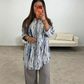 Women Tie Dye V Neck Blouse Roll Up Sleeve