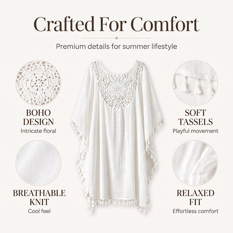 Women's Crochet Patchwork Beach Cover Up with Tassel