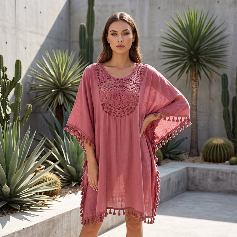 Women's Crochet Patchwork Beach Cover Up with Tassel