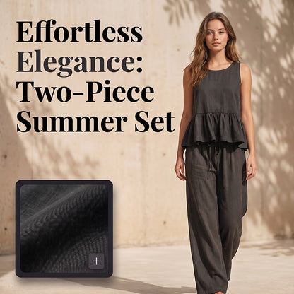 Women Casual Sleeveless Ruffle Top and Wide Leg Long Pants Set
