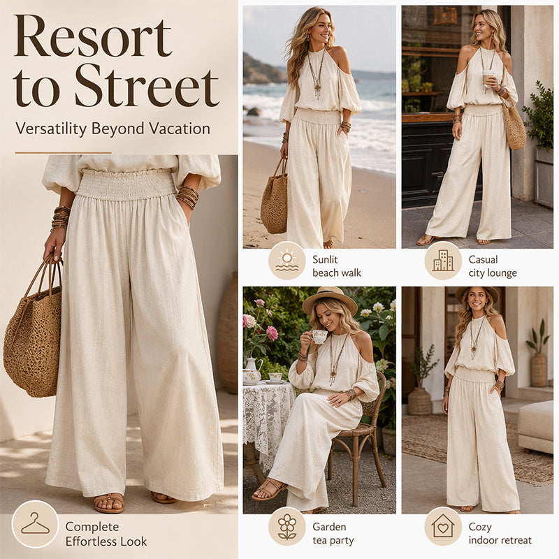 Women's Cold Shoulder Halter Neck Top & Wide-Leg Trousers Set 🌸 Bare the Shoulders, Free the Legs – Summer's Most Flattering Co-Ord ✨