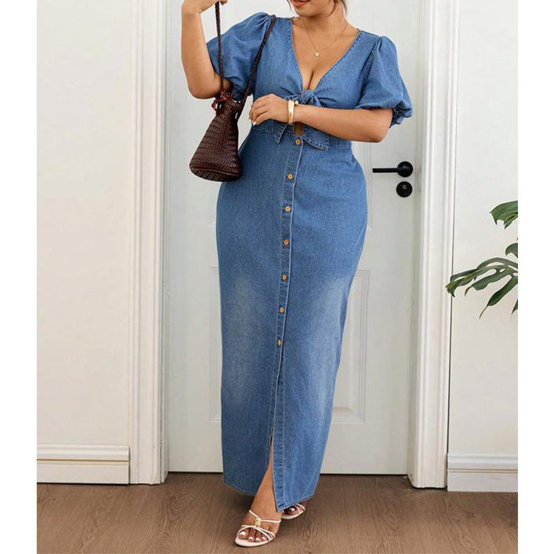 🌸🌀 LIMITED TIME 50% OFF! 👗V-Neck Denim Maxi Dress – Cinched waist & flowing length – Flatter your figure in style.