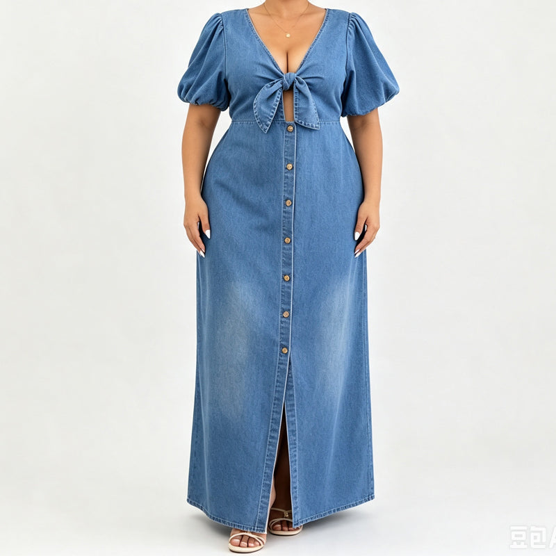 🌸🌀 LIMITED TIME 50% OFF! 👗V-Neck Denim Maxi Dress – Cinched waist & flowing length – Flatter your figure in style.