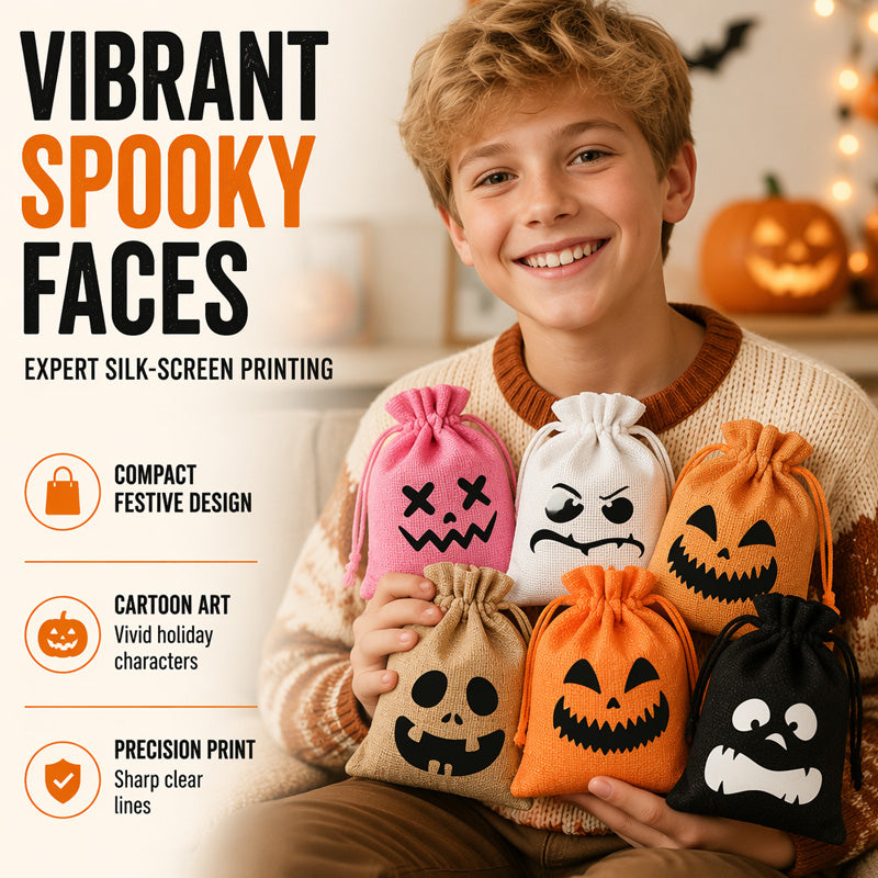 Halloween Drawstring Burlap Bags Spooky Face Treat Pouch