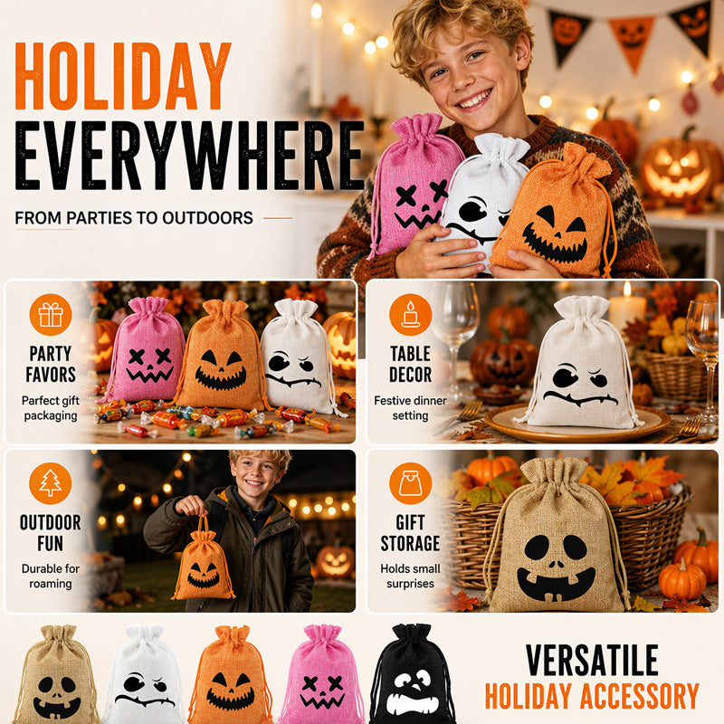 Halloween Drawstring Burlap Bags Spooky Face Treat Pouch