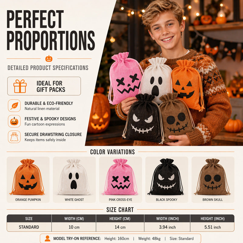 Halloween Drawstring Burlap Bags Spooky Face Treat Pouch